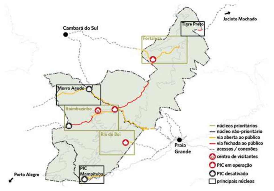Mapa dos núcleos prioritários na concessão dos Parques Nacionais de Aparados da Serra e da Serra Geral