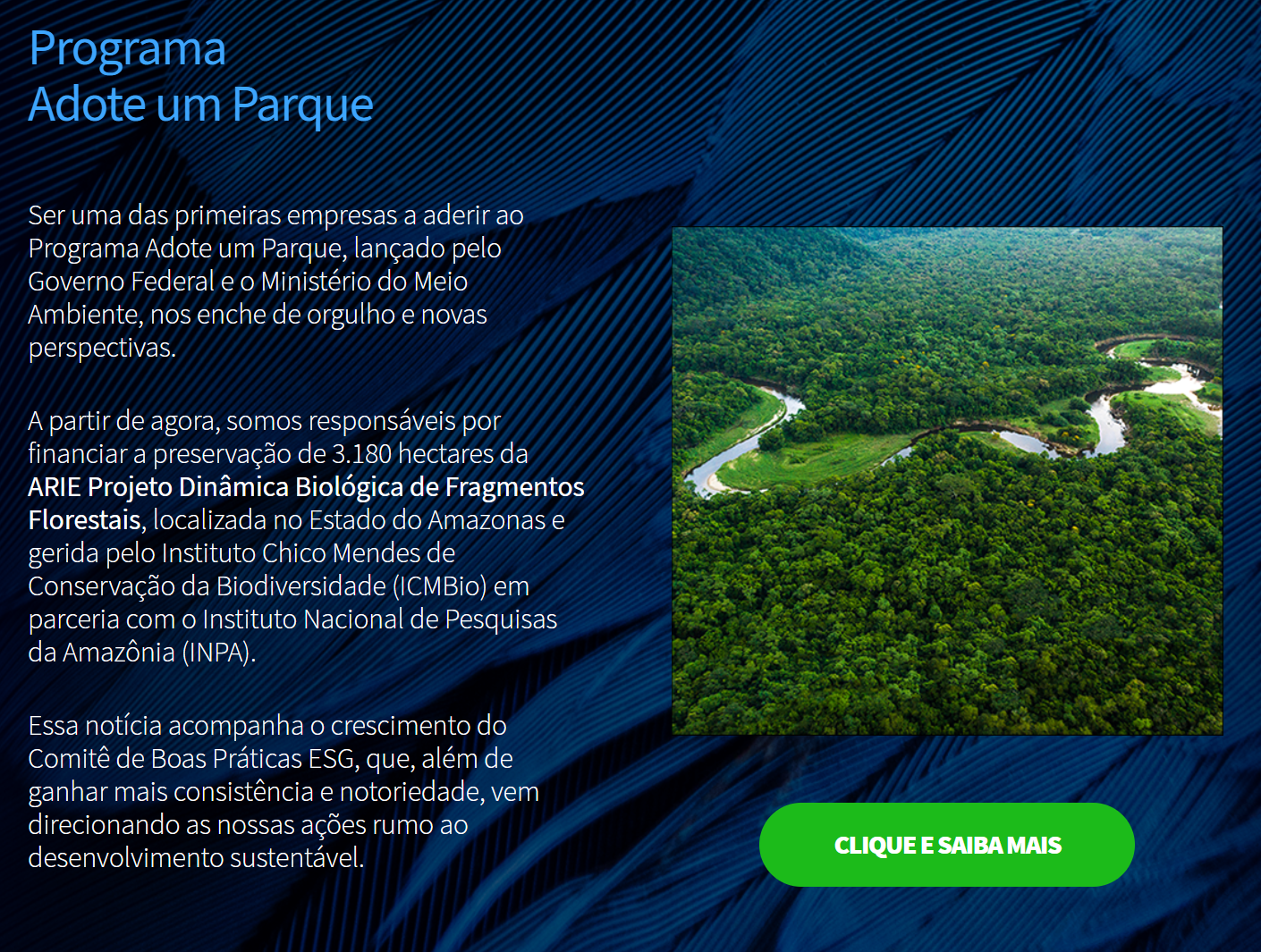 Print de texto no site da Genial informando que a empresa é agora responsável pela ARIE Projeto Dinâmica Biológica de Fragmentos Florestais