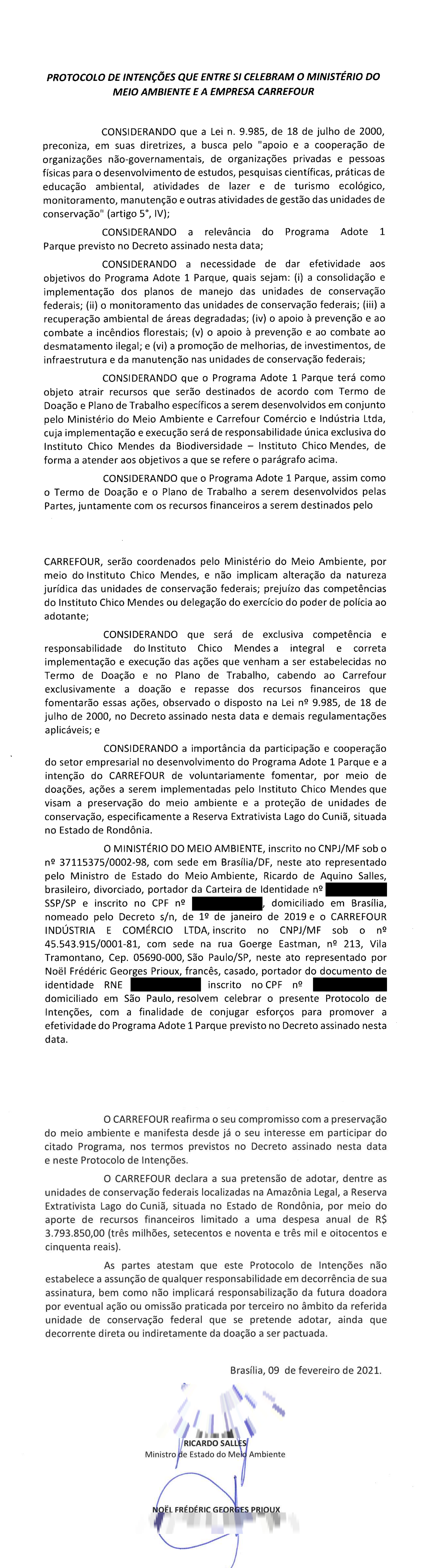 Protocolo de intenções Carrefour - Adote Um Parque