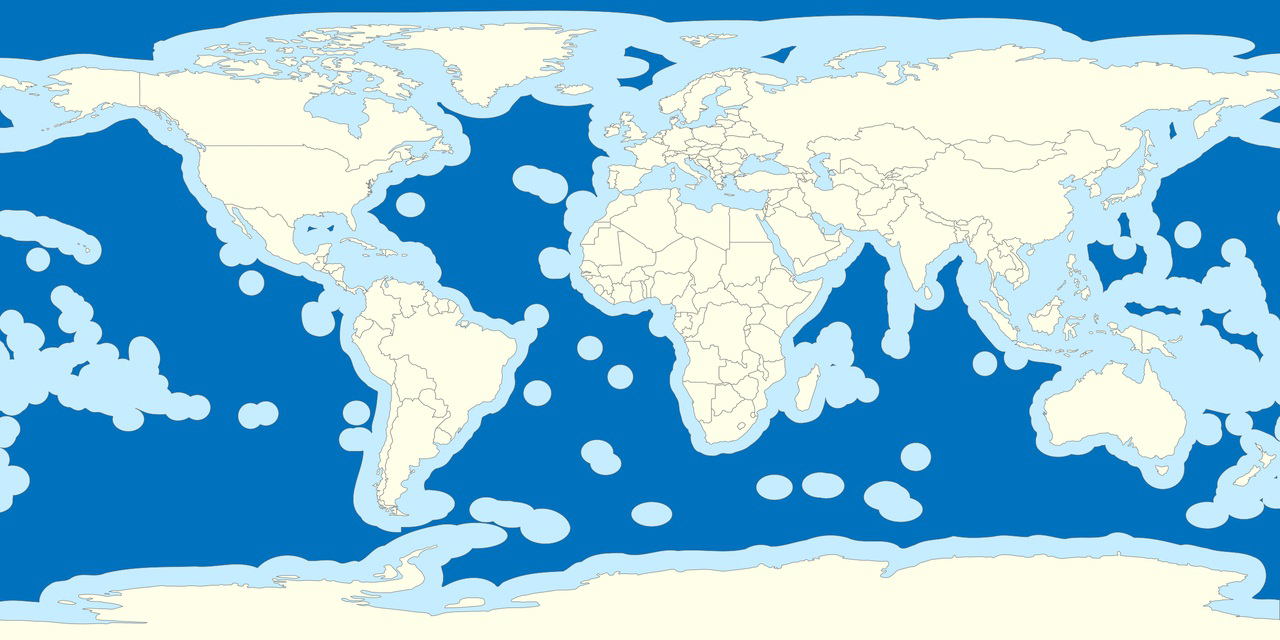 Zonas Econômicas Exclusivas - ZEE (azul claro) e áreas além das jurisdições nacionais – ABNJ (azul marinho).